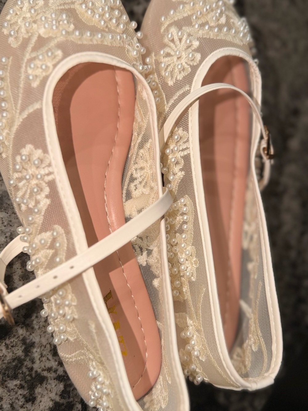 Zara Pearl-Embellished Cream Mary Jane Flats